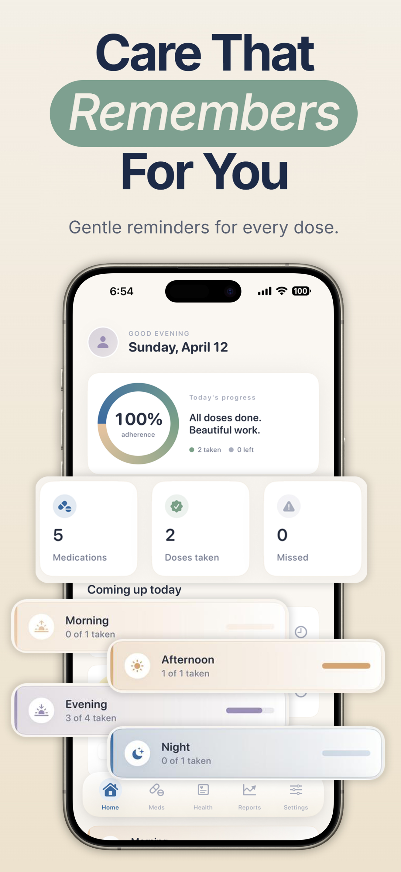 PillRem medication reminder app home screen showing today's doses, adherence ring and time-of-day reminders