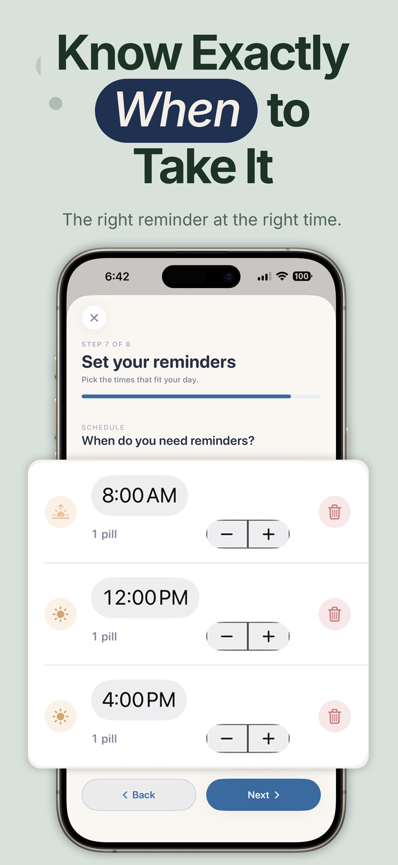 PillRem schedule editor with 8AM, 12PM and 4PM reminder times