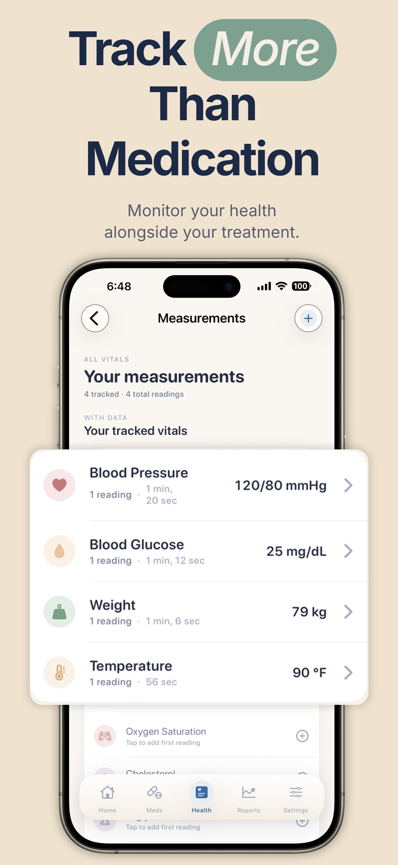 PillRem measurements screen showing blood pressure, blood glucose, weight and temperature readings