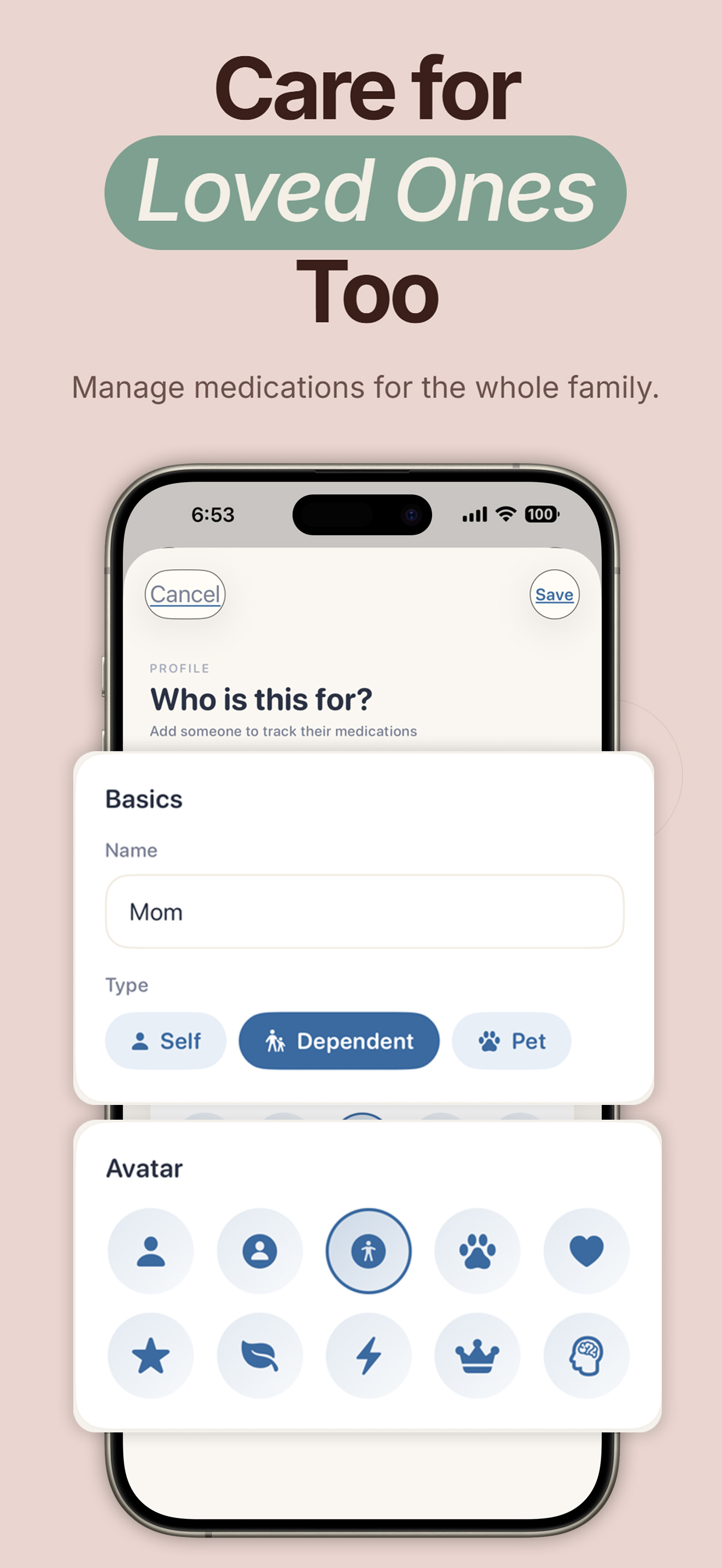 PillRem profile setup screen for adding a Mom profile as a Dependent with avatar selection