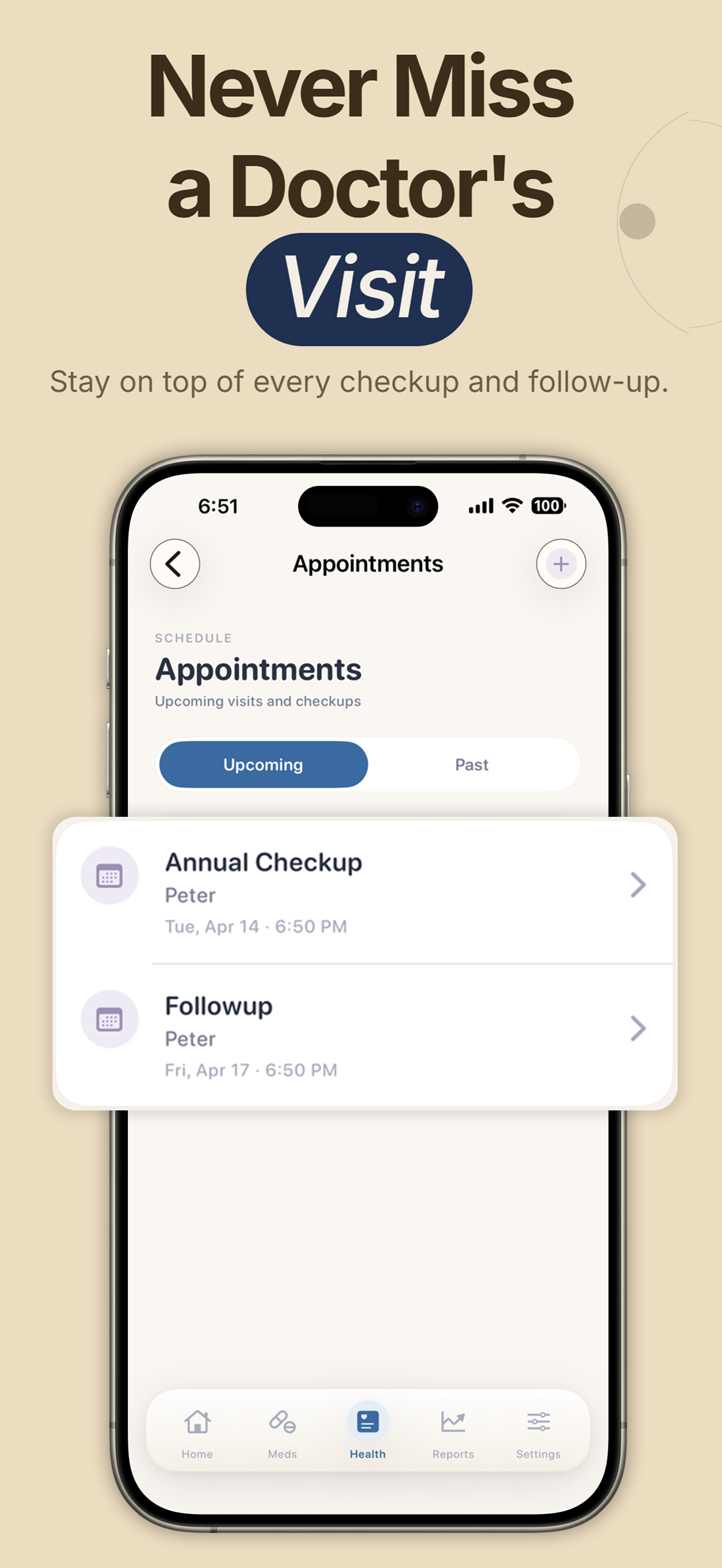 PillRem Appointments screen showing an upcoming Annual Checkup and Followup for Peter